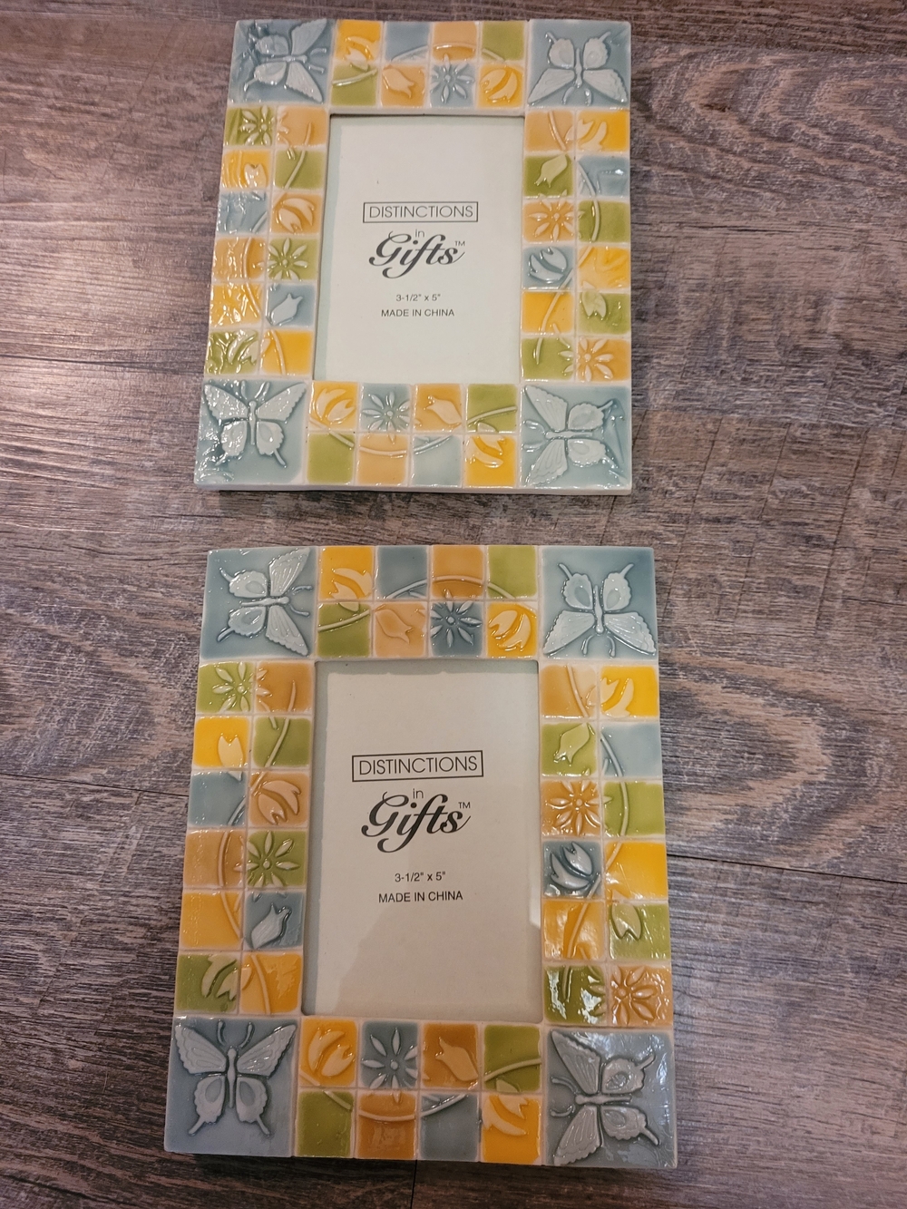 Set of 2 Yellow Green Blue Butterfly Ceramic Photo Frames Size 3.5"x5"